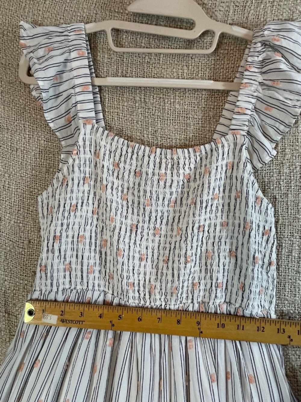 LOFT Striped Peach Clip Dot Smocked Tiered Midi Dress with Pockets Size S - Picture 11 of 15